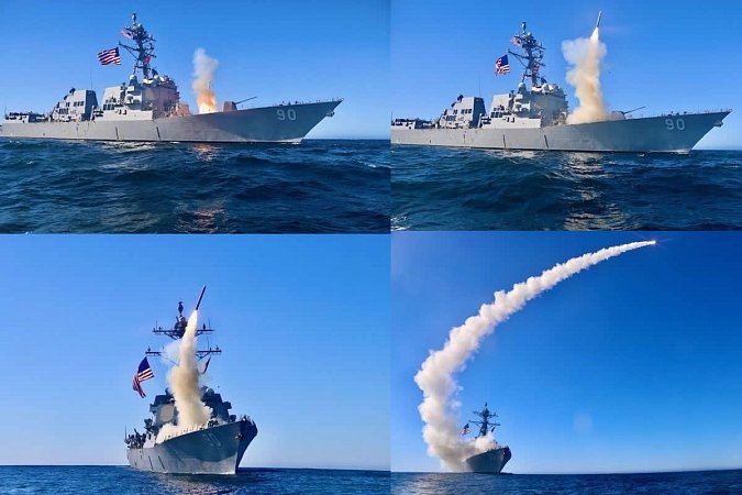 Запуск крылатой ракеты "Томагавк" 5-го поколения с борта эсминца "Чафи", США Запуск крылатой ракеты "Томагавк" 5-го поколения с борта эсминца "Чафи", США